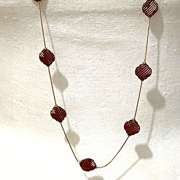 Textured Red Glass Accents Long Gold Chain Necklace 42" Boho Career Preppy - Picture 2 of 4